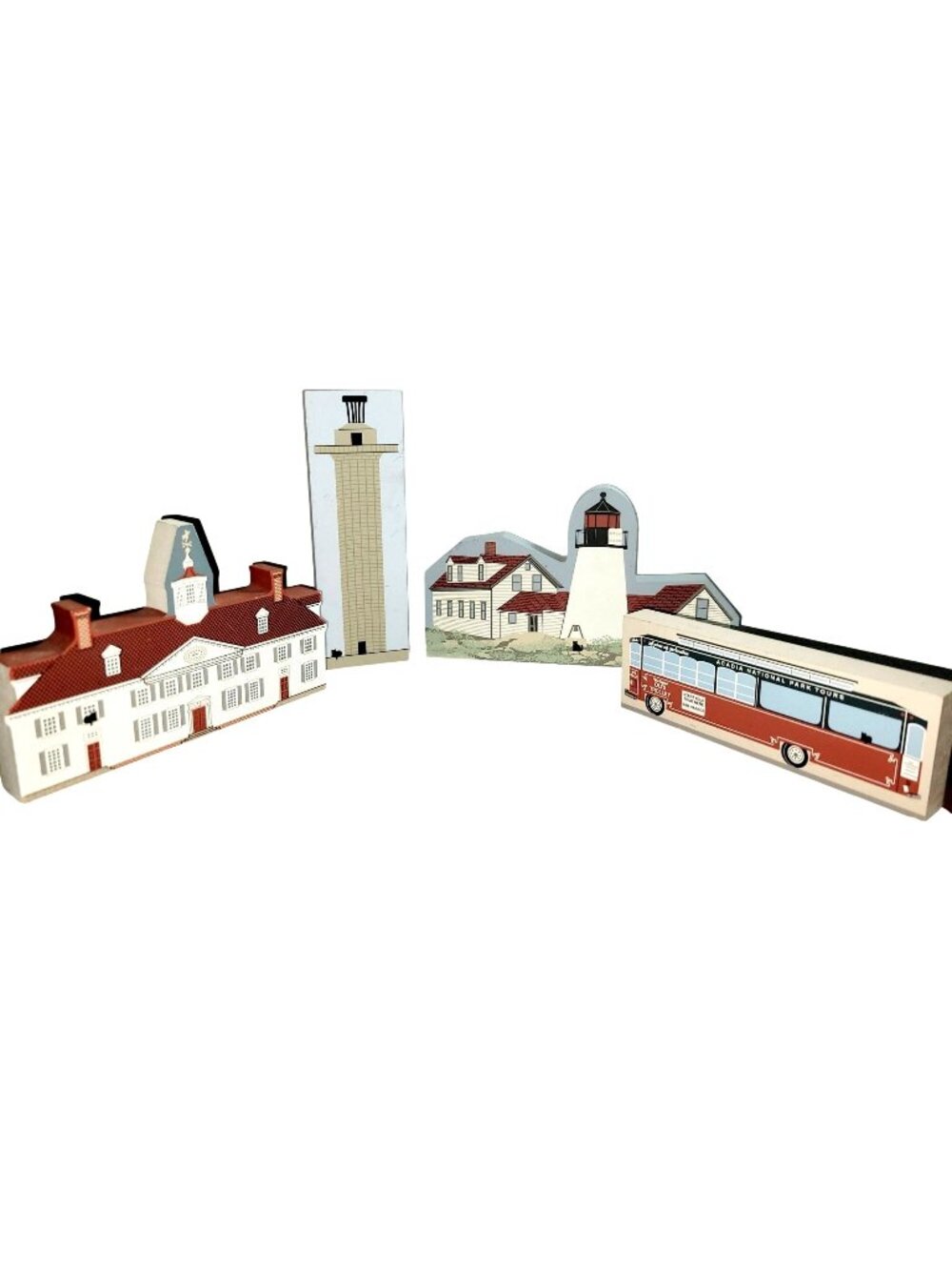 Women Light Keepers Series of 5 Small Wood Art Buildings and Trolley Cat's Meow